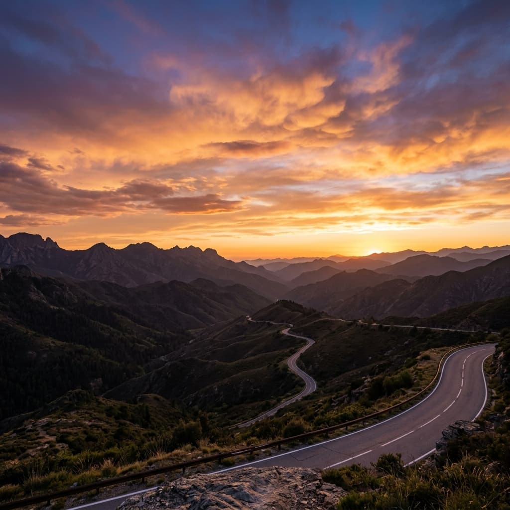 Scenic mountain road at sunset